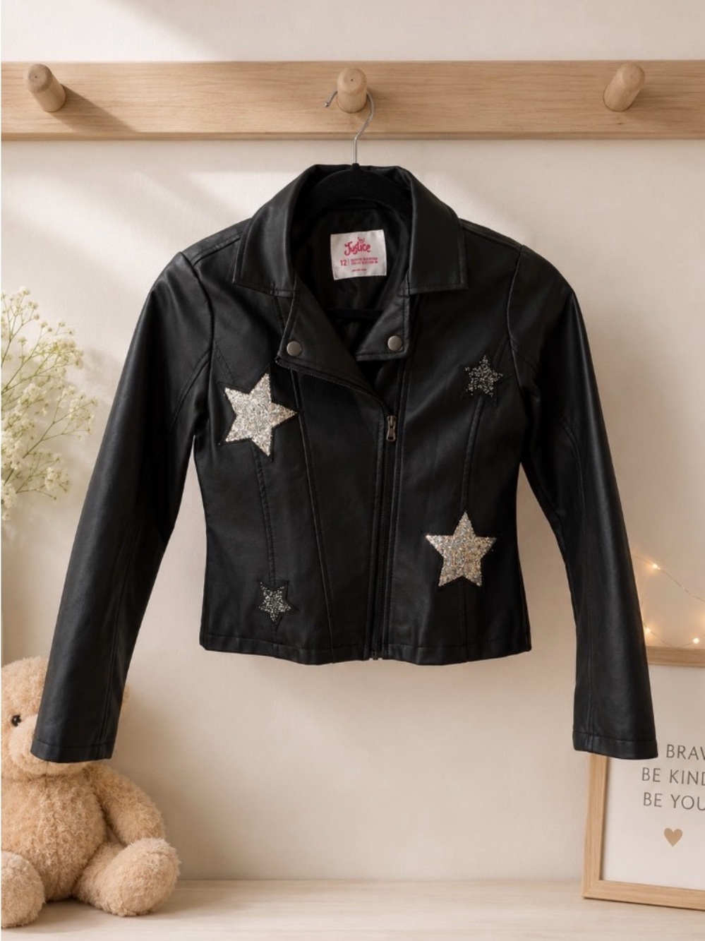Kids Black Faux Leather Jacket with Glitter Stars